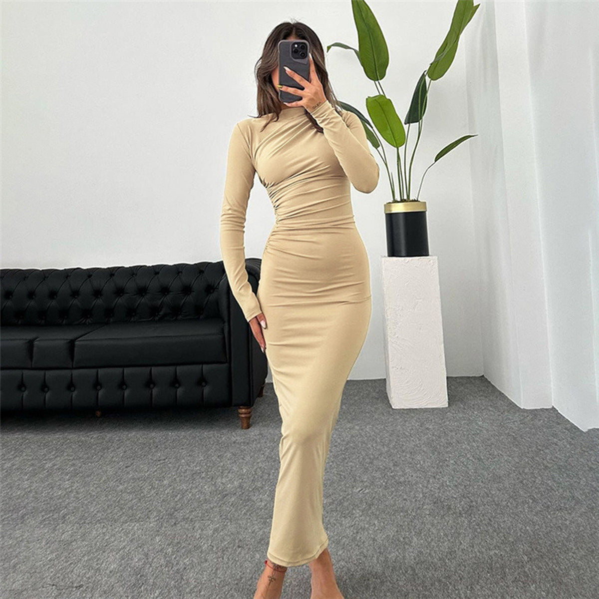 Women's Elegant Fitted Maxi Dress with Draped Detail
