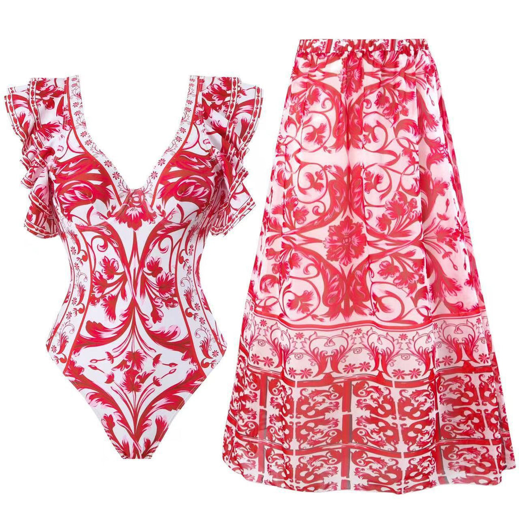 Women's Swimsuit with Fashionable Ruffle Details and Floral Wrap Skirt