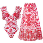 Women's Swimsuit with Fashionable Ruffle Details and Floral Wrap Skirt
