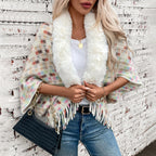 Women's Elegant Poncho with Luxurious Faux Fur Collar and Fringe