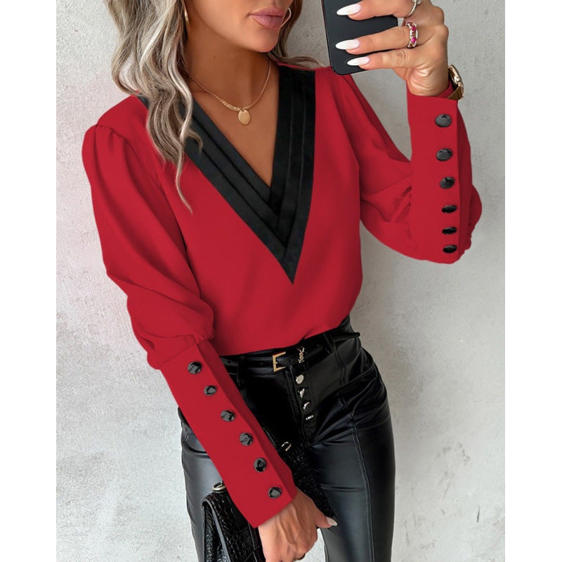 Women's V-Neck Blouse with Puff Sleeves