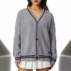 Women's Chunky Knit Cardigan with Decorative Stars and Contrast Trim