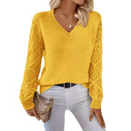Elegant V-Neck Knit Sweater with Crocheted Sleeves