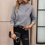 Women's Elegant Sweater with Asymmetrical Neckline and Button Details