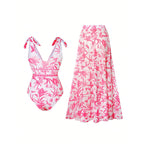 Women's Swimsuit with Floral Design and Matching Maxi Skirt