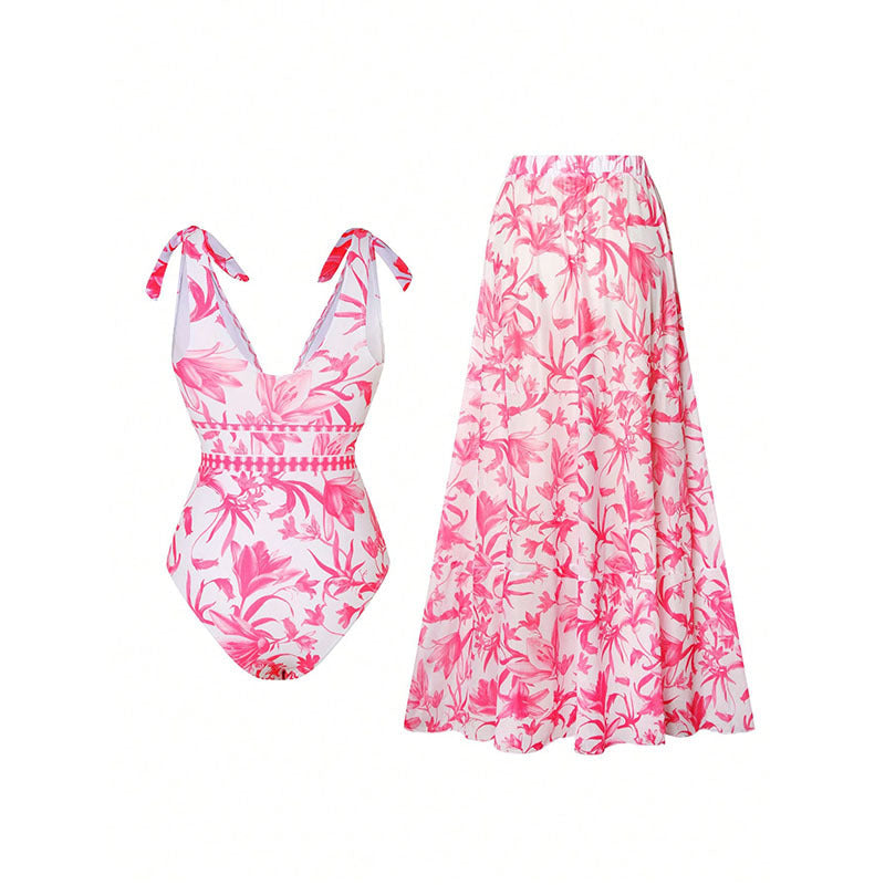 Women's Swimsuit with Floral Design and Matching Maxi Skirt