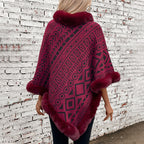 Women's Fashionable Poncho with Decorative Faux Fur Collar