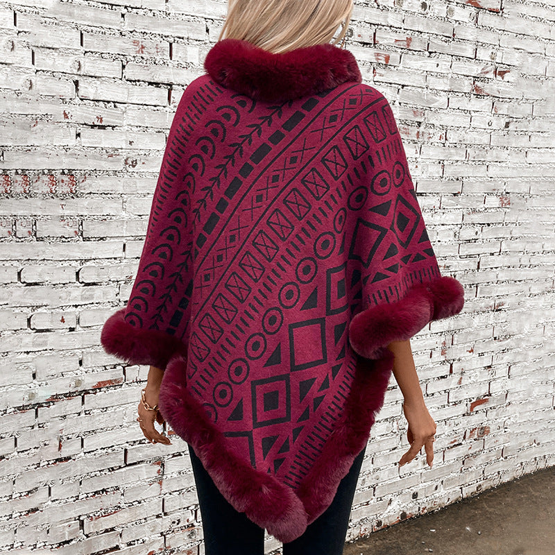 Women's Fashionable Poncho with Decorative Faux Fur Collar
