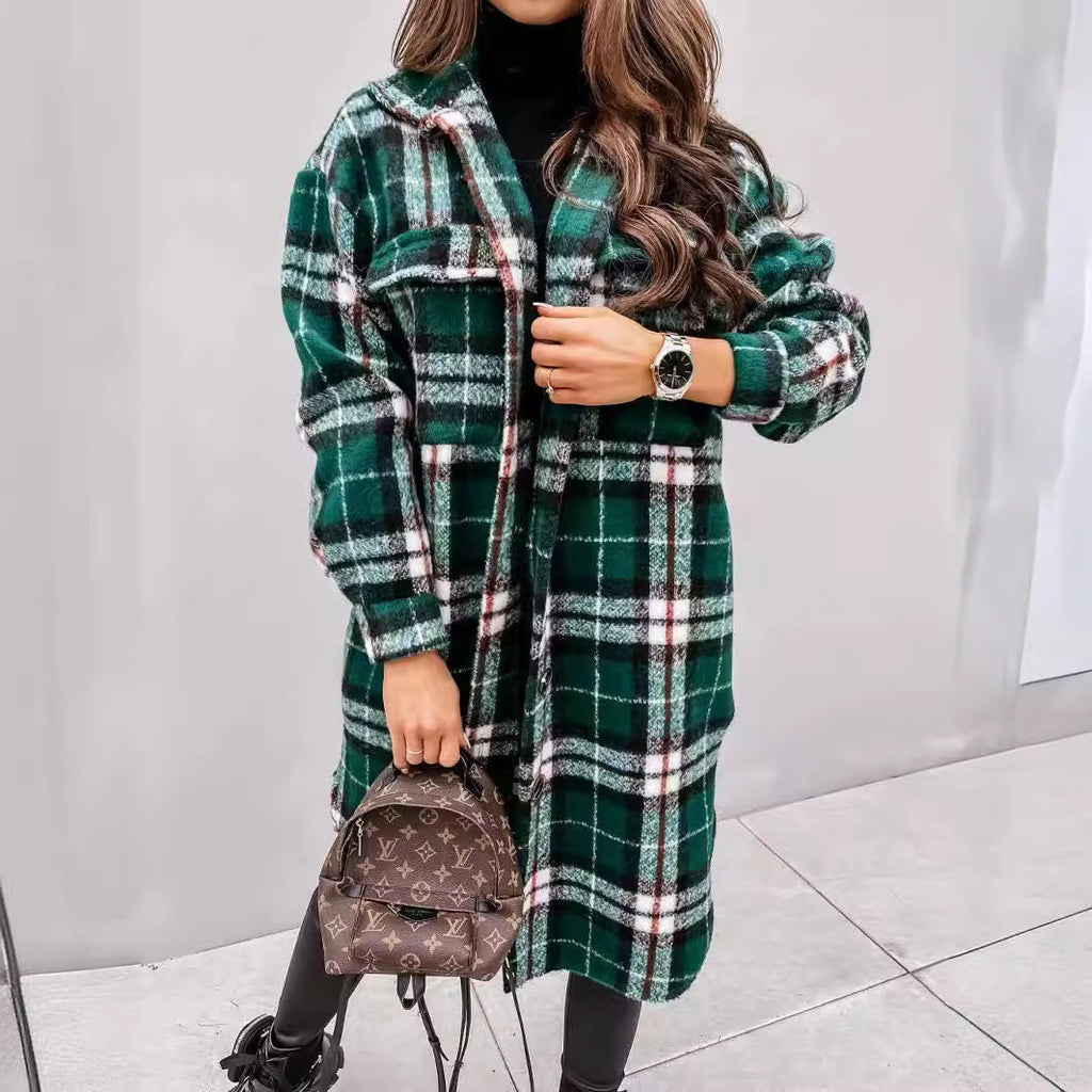 Women's Plaid Oversized Shirt Coat with Pockets