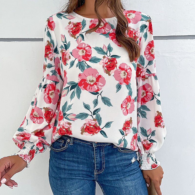 Women's Floral Print Blouse with Voluminous Sleeves