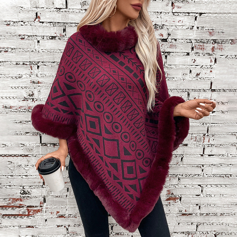 Women's Fashionable Poncho with Decorative Faux Fur Collar