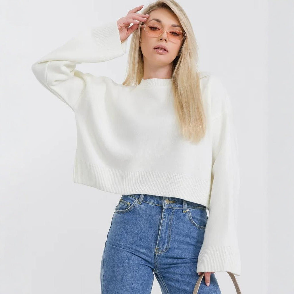 Women's Cropped Knit Sweater with Voluminous Sleeves and Crew Neck