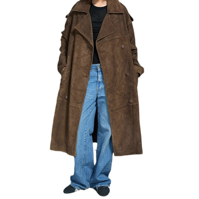 Women's Elegant Suede Trench Coat with Oversized Fit