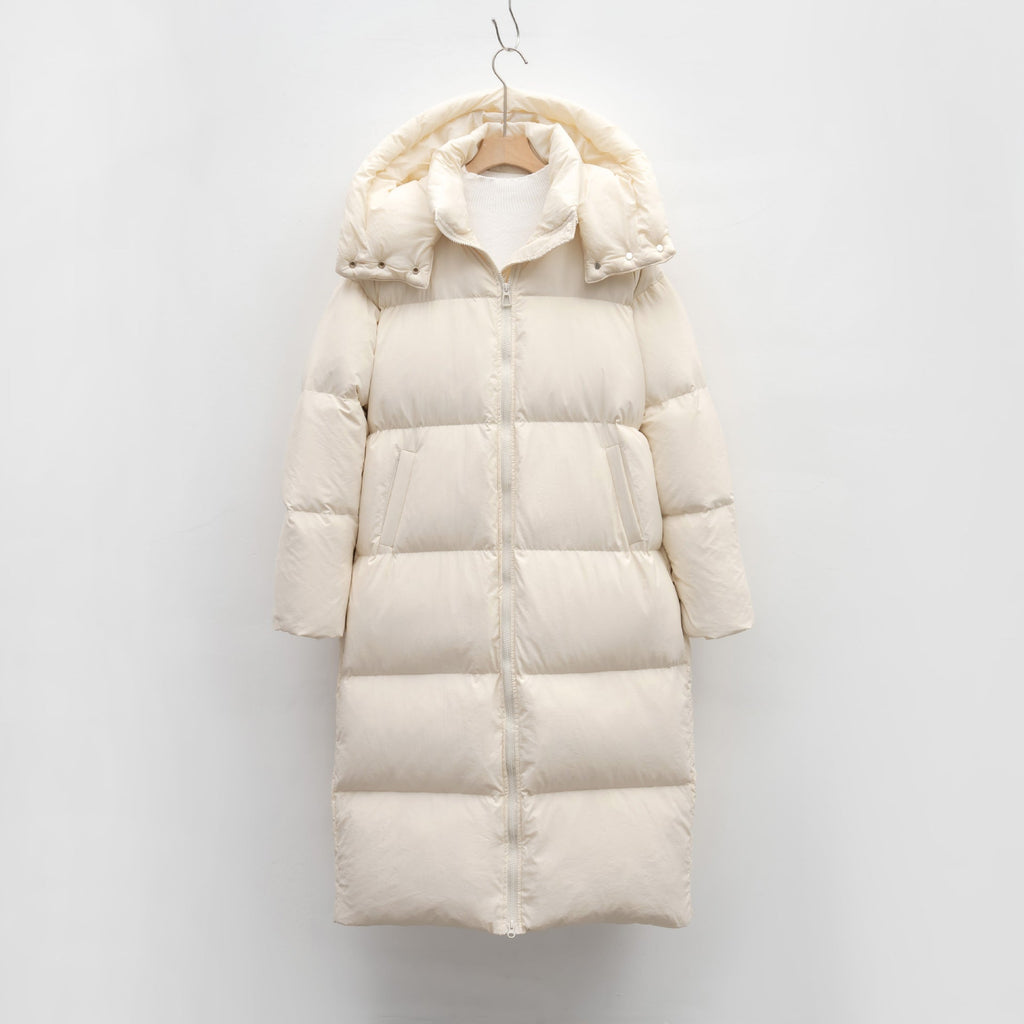 Women's Long Voluminous Down Coat with Detachable Hood and Side Pockets