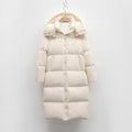 Women's Long Voluminous Down Coat with Detachable Hood and Side Pockets