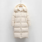 Women's Long Voluminous Down Coat with Detachable Hood and Side Pockets