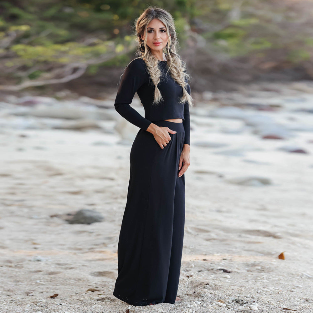 Women's Casual Wide-Leg Jumpsuit with Long Sleeves and Pockets