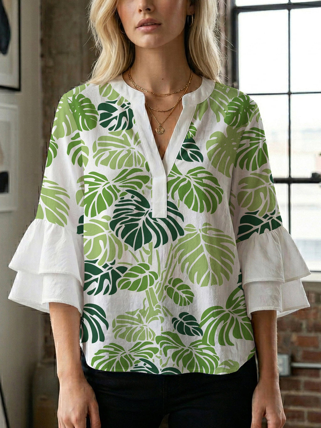 Women's Blouse with Voluminous Flutter Sleeves and Leaf Print
