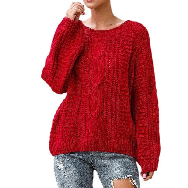 Women's Chunky Knit Sweater with Voluminous Sleeves and Cable Knit