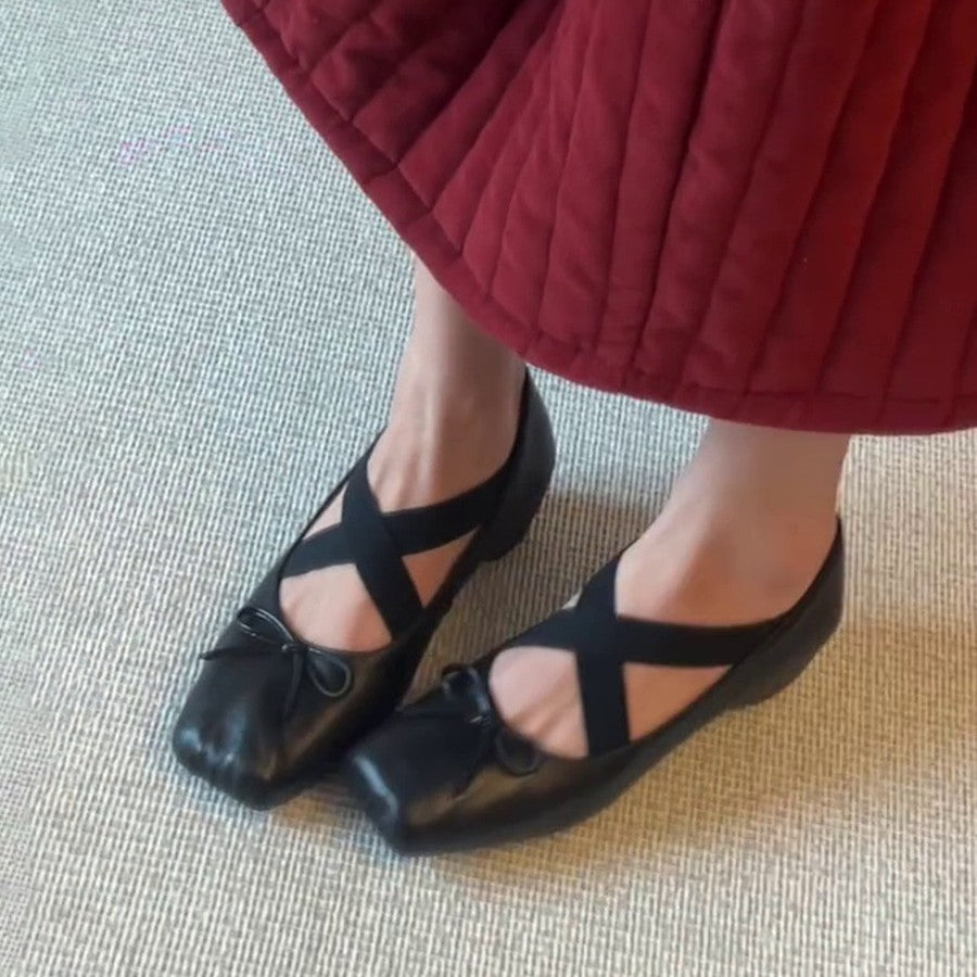 Women's Ballet Flats with Elastic Cross Straps and Decorative Bow Detail