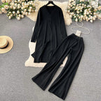Women's Elegant Knit Suit with V-Neck and Wide Leg