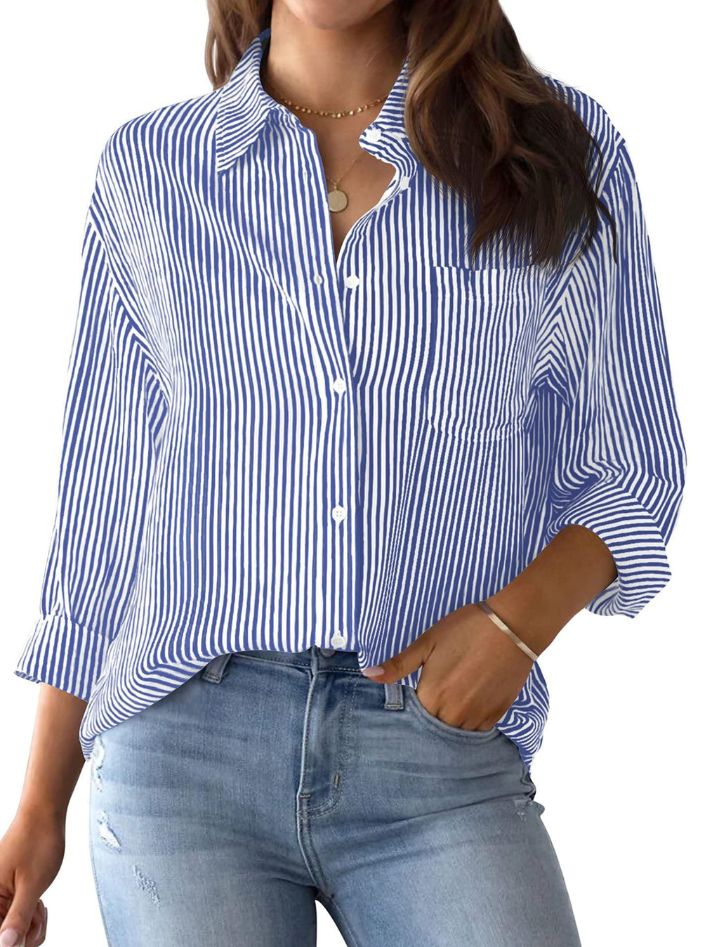 Women's Loose Striped Shirt with Chest Pocket and Roll-Up Sleeves