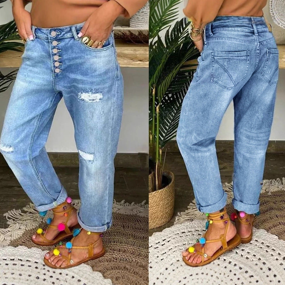 Women's Denim Pleated Trousers with Button Placket and Destroyed Effect