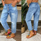 Women's Denim Pleated Trousers with Button Placket and Destroyed Effect