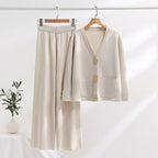 Women's Elegant Knit Loungewear Set with Wide Legs and Decorative Buttons