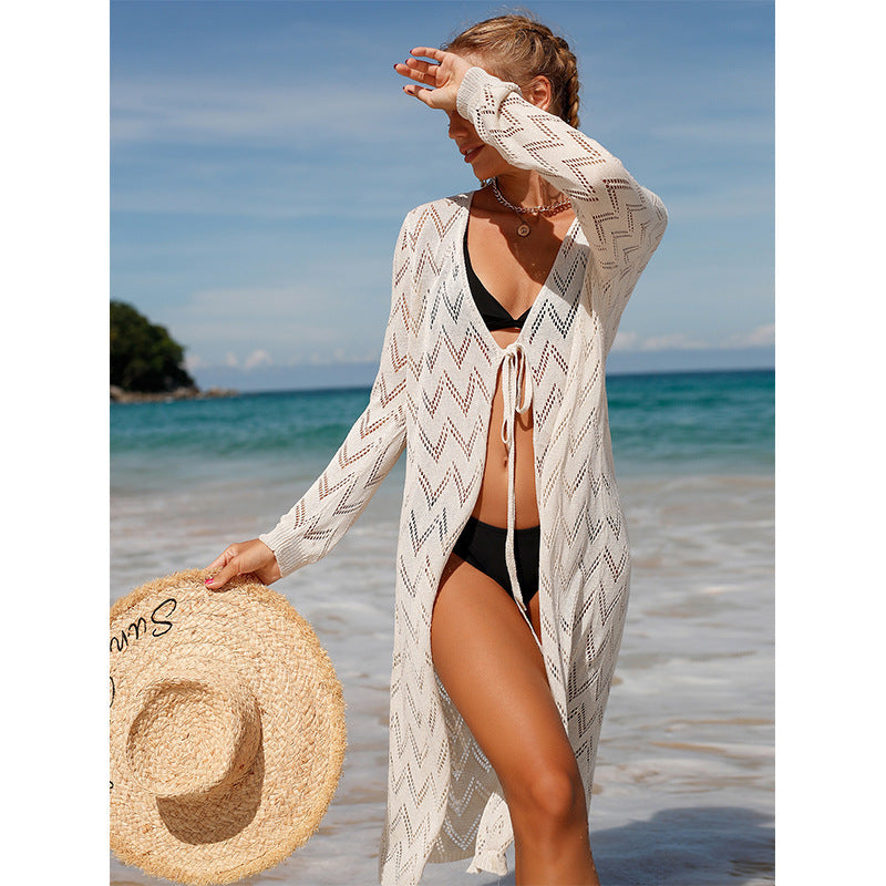 Elegant Boho-Style Crochet Beach Kimono with Deep V-Neck