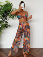 Women's Swim Set with Floral Design and Loose Palazzo Pants