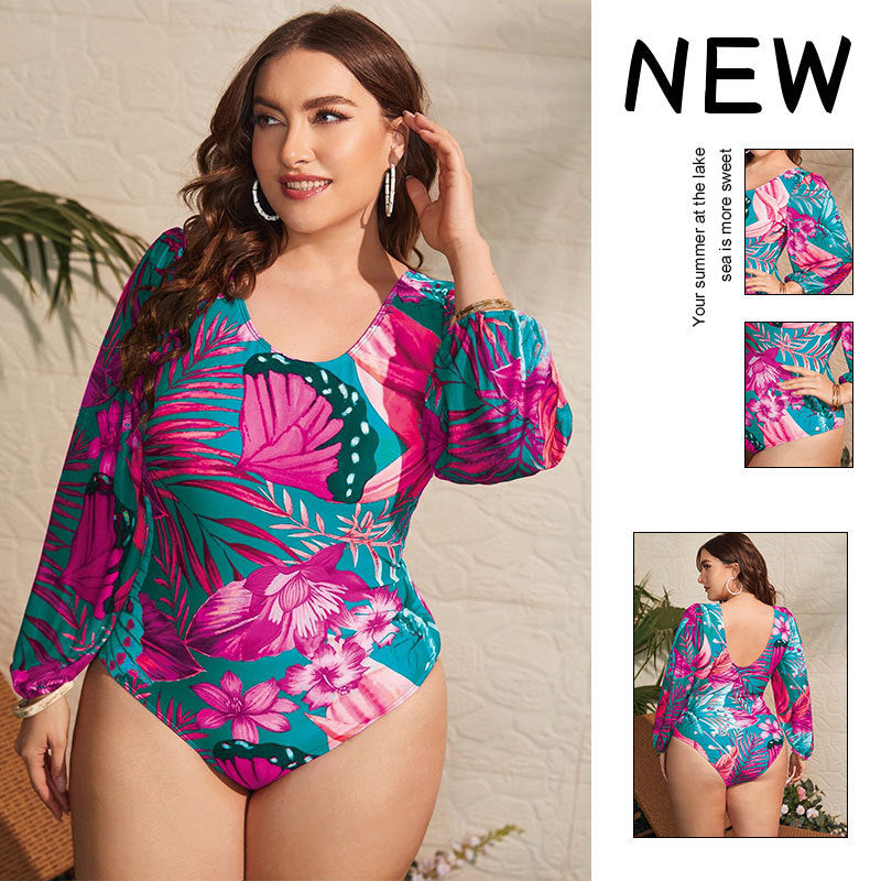Women's Floral Print One-Piece Swimsuit with Puff Sleeves