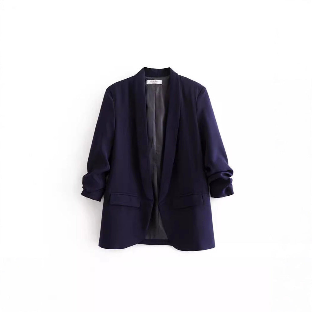 Elegant Women's Blazer with Rolled Sleeves and Pockets