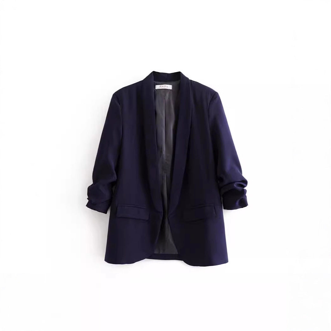 Elegant Women's Blazer with Rolled Sleeves and Pockets