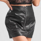 Women's Short Faux Leather Skirt with Contrasting Pockets and Zipper