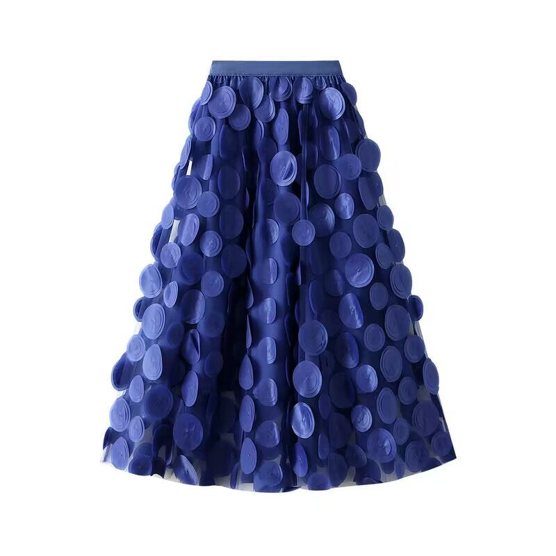 Flared Midi Skirt with Transparent 3D Appliqués and Elastic Waistband