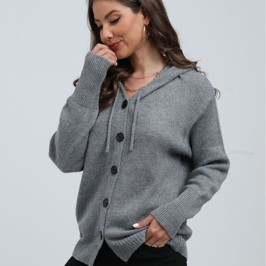 Women's Fashionable Knit Coat with Hood and Decorative Button Details