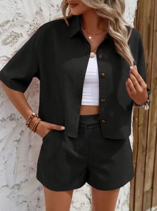 Women's Casual Short-Sleeve Shirt and Shorts Set