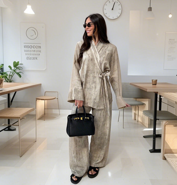 Women's Casual Kimono Pantsuit with Tie Belt