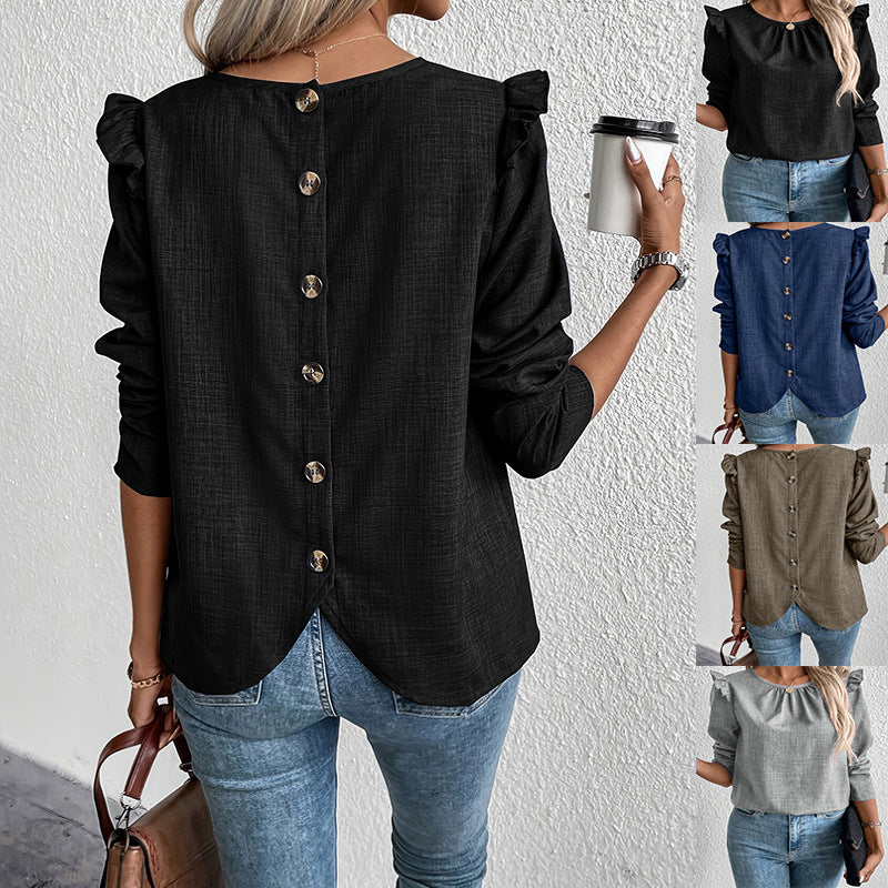 Elegant Blouse with Ruffle Details and Round Neckline