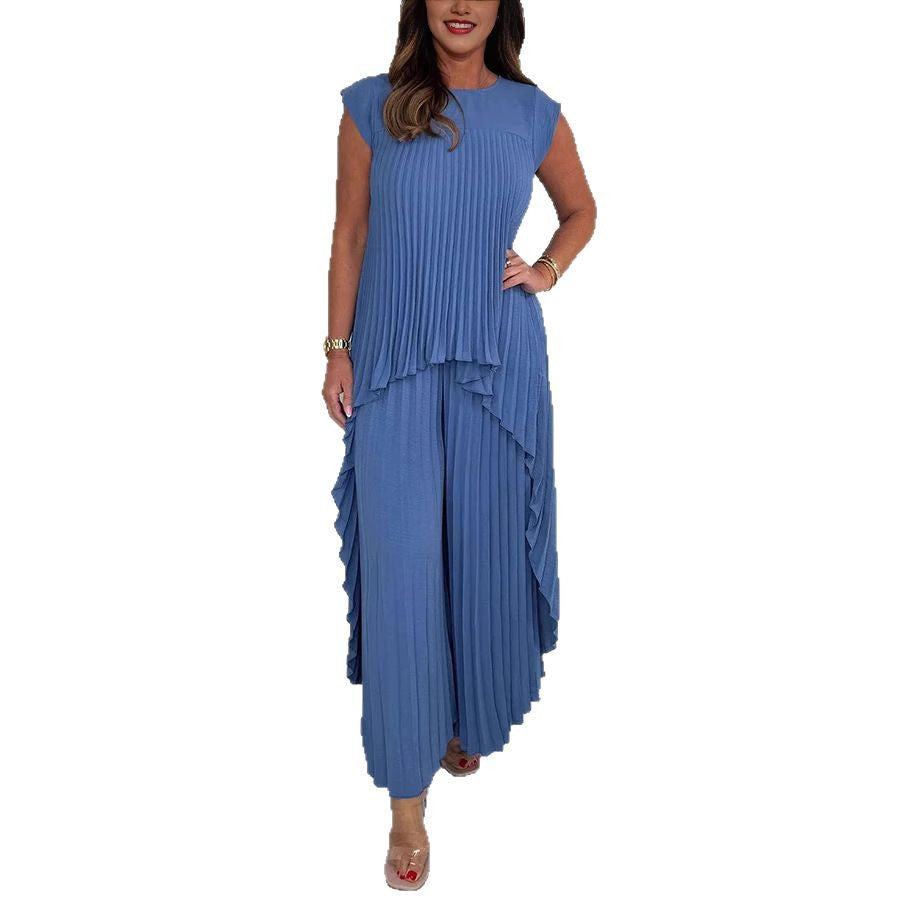 Elegant Pleated Jumpsuit with Asymmetric Hem