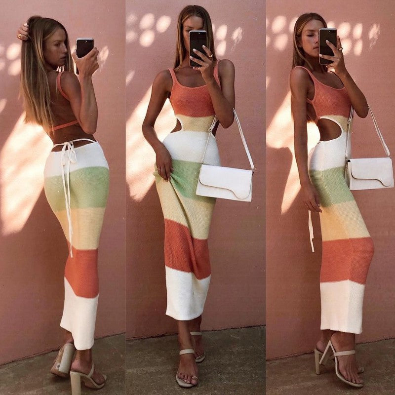Women's Maxi Skirt with Cut-Out Design and Striped Pattern