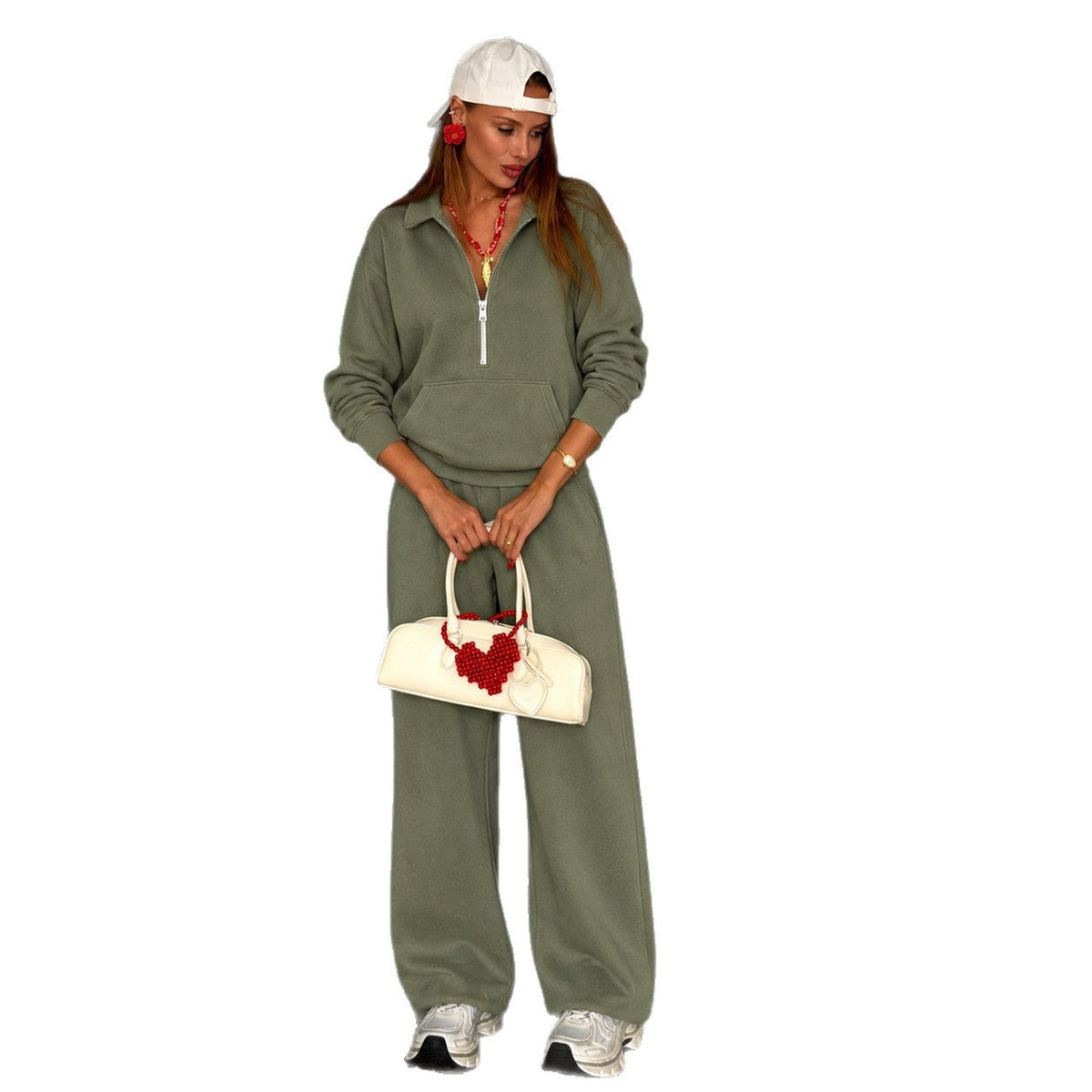 Women's Casual Zip Sweat Set with Polo Collar and Wide Jogger Cut