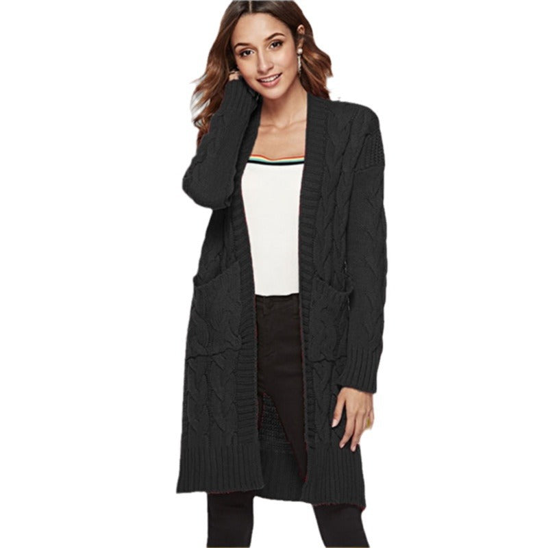 Women's Chunky Knit Cardigan with Deep Pockets and Decorative Cable Knit