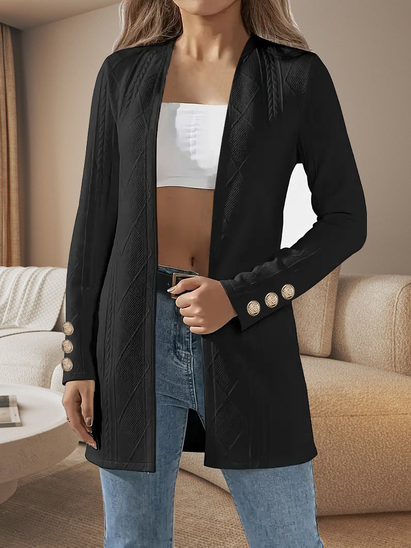 Women's Elegant Long Jacket with Textured Design and Decorative Buttons