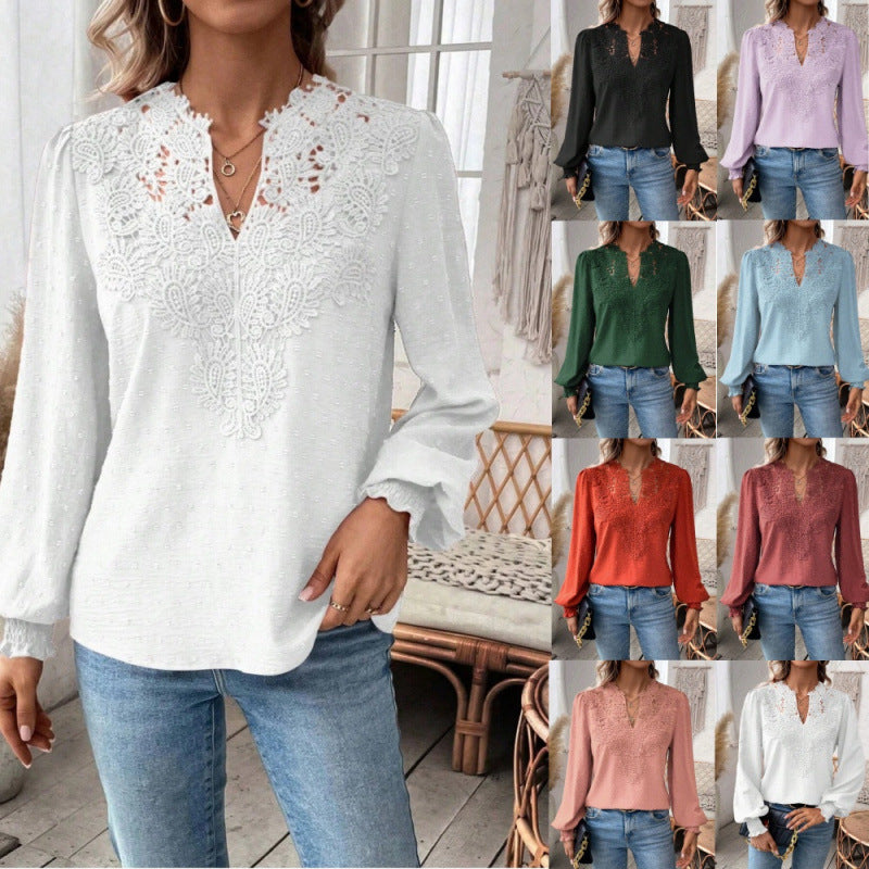 Women's Blouse with Embroidered V-Neck and Long Sleeves