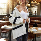 Women's Chunky Knit Cardigan with Fashionable Stripes