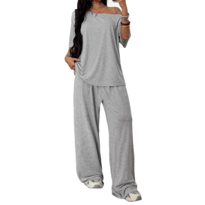 Women's Casual Lounge Set with Palazzo Pants and Off-Shoulder Top