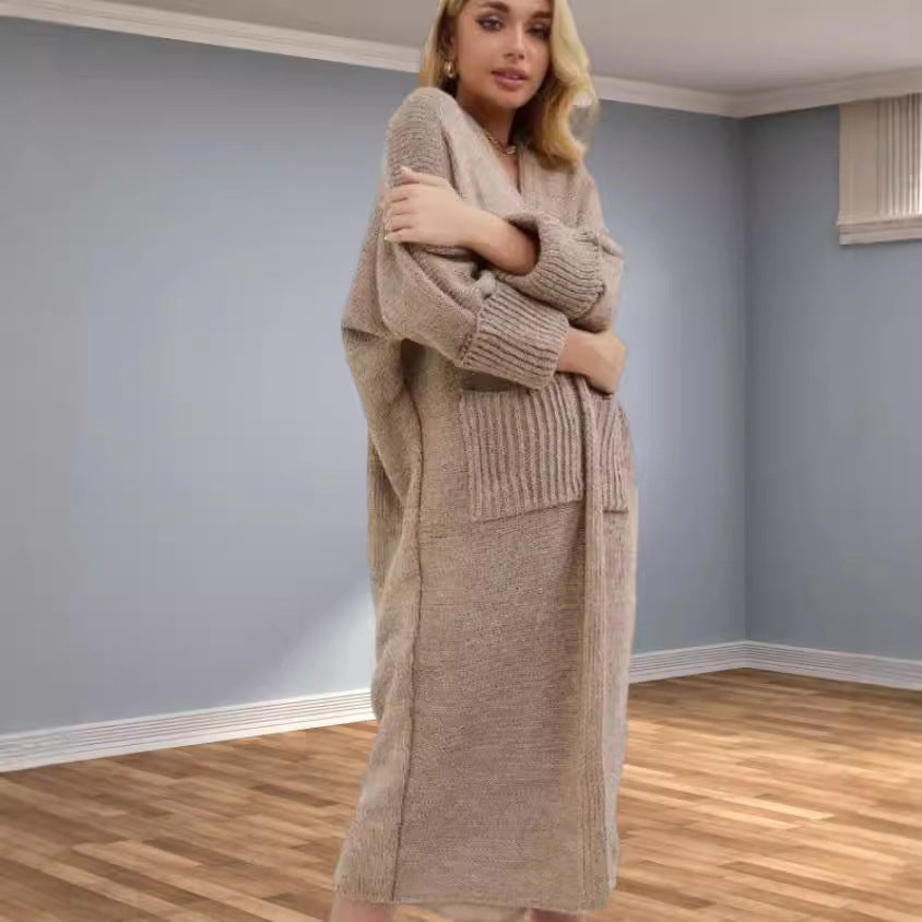 Women's Chunky Knit Coat with Practical Pockets and Elegant V-Neck