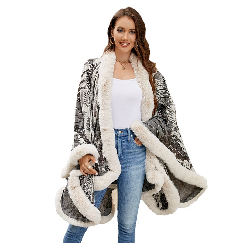 Women's Luxurious Poncho with Decorative Fleece Trim